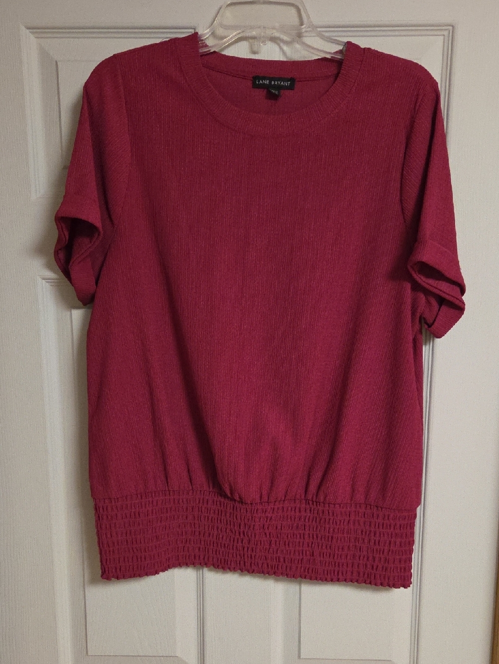 Lane Bryant Raspberry Short Sleeve Smocked-Hem Top